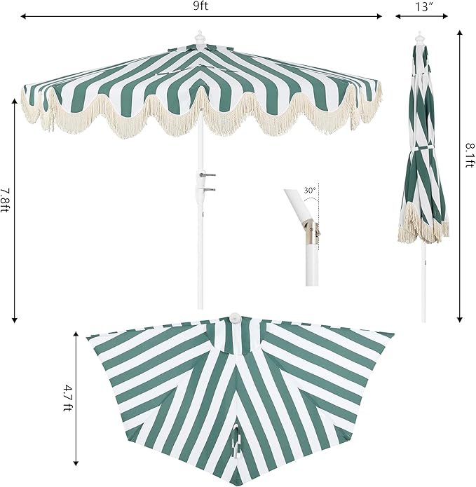 JONATHAN Y Half Umbrella UMB1201L Beverly 9 ft. Designer Classic Scalloped Fringe Market Patio with Crank, Tilt Button and UV Protection in Green/White, White Pole