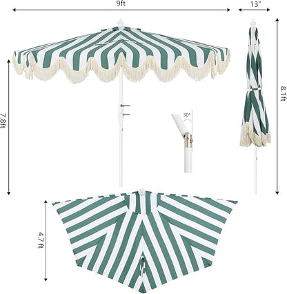 JONATHAN Y Half Umbrella UMB1201L Beverly 9 ft. Designer Classic Scalloped Fringe Market Patio with Crank, Tilt Button and UV Protection in Green/White, White Pole