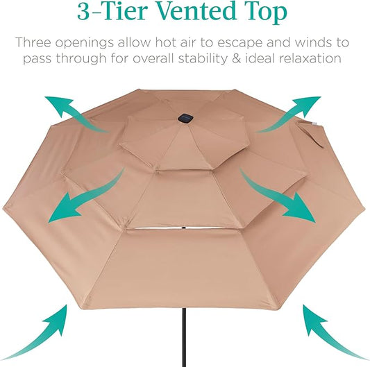 Best Choice Products 10ft 3-Tier Solar Patio Umbrella, Outdoor Market Sun Shade for Backyard, Deck, Poolside w/ 24 LED Lights, Tilt Adjustment, Easy Crank, 8 Ribs - Tan