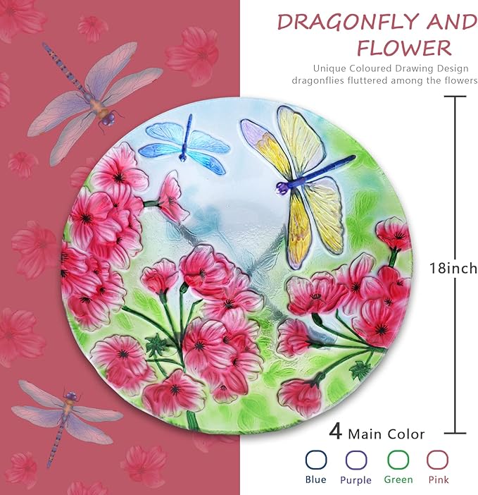 MUMTOP Bird Bath-Bird Baths for Outdoors - Dragonfly Large Bird Bath Bowl with Metal Stand, Glass BirdBaths for The Garden Lawn Yard Decor