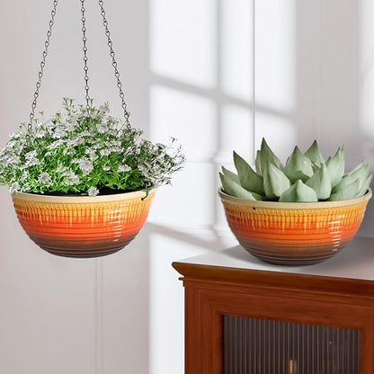 10inch Hanging Planters for Indoor and Outdoor Plants, 2 Pack Hanging Planter with Drainage Hole, Round Hanging Flower Pots for Garden Home Decor (Orange Glaze)