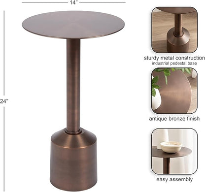 Kate and Laurel Cannings Modern Metal Round Side Table, 14 x 14 x 24, Antique Bronze, Transitional Sculptural Indoor Plant Stand with Pedestal Base for Living Room End Table or Bedroom Nightstand