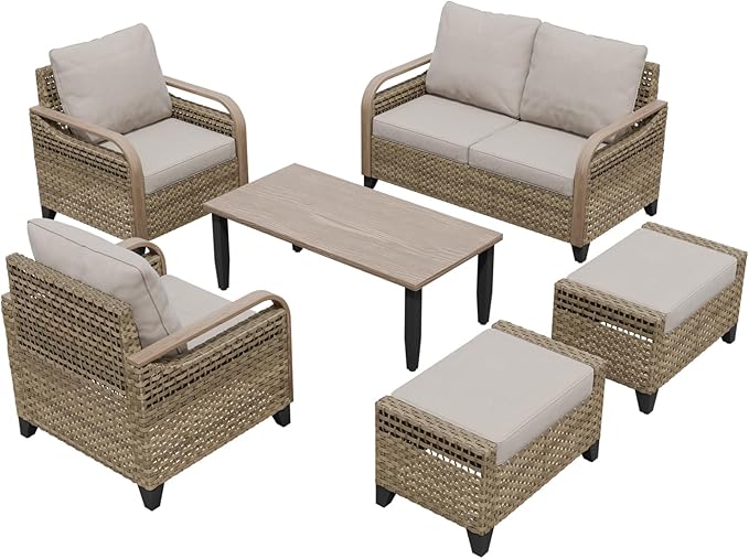 COOS BAY Modern Wicker Outdoor Furniture Set, Patio Conversation Set with Patio Chairs, 2 Seat Loveseat, Ottomans, and Coffee Table, 6 Piece, Brown/Gray
