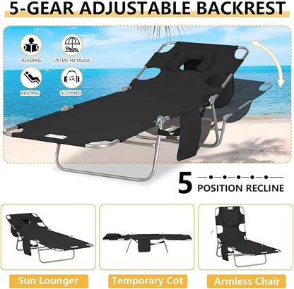 Sun Tanning Chair with Face Hole, Heavy Duty Adjustable 5-Position Folding Laying Out Chairs for Tanning, Beach Lounge Chairs for Adults for Outdoor Sunbathing Patio Pool Lawn (Black 3)