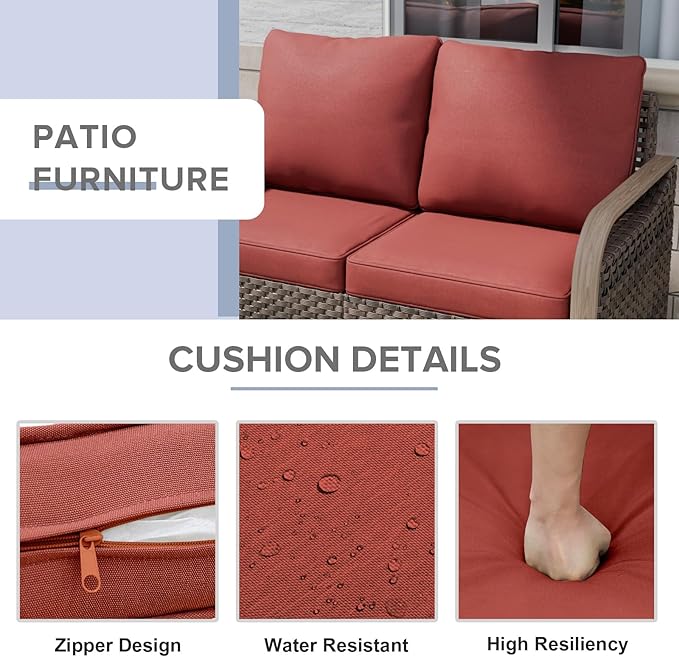 COOS BAY Modern Wicker Outdoor Furniture Set, Patio Conversation Set with Patio Chairs, 2 Seat Loveseat, Coffee Table and Side Table, 5 Piece, Brown/Red