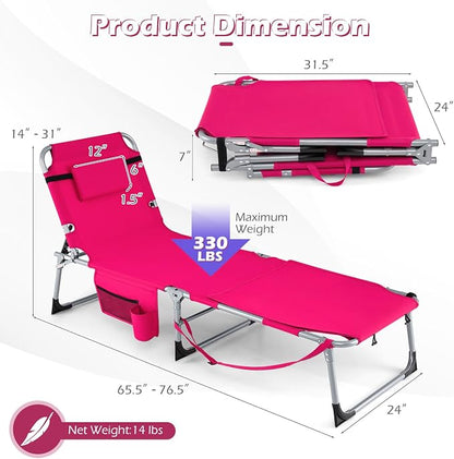 GYMAX Tanning Chair, 330LBS Beach Lounge Chair with Face Arm Hole & Hand Shoulder Strap, Folding Layout Sunbathing Chair, Face Down Outdoor Chaise Lounger for Patio, Poolside, Lawn, Backyard (2, Pink)