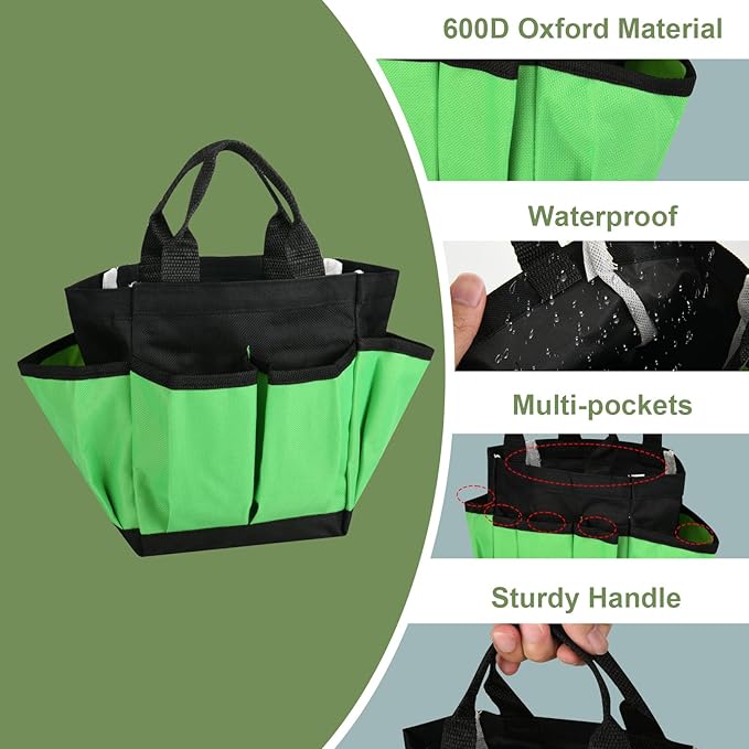 Small Garden Tool Bag Waterproof Gardening Hand Tool Storage Bag Heavy Duty Oxford Tote Organizer Bag with 8 Pockets, Garden Utensil Handbag for Women Men (Green)