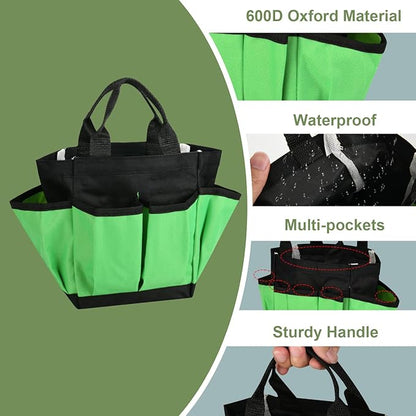 Small Garden Tool Bag Waterproof Gardening Hand Tool Storage Bag Heavy Duty Oxford Tote Organizer Bag with 8 Pockets, Garden Utensil Handbag for Women Men (Green)