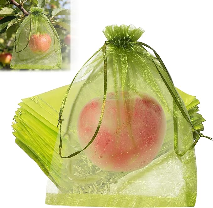 100pcs Green Fruit Netting Bags,5.9x7.9 Inch Drawstring Mesh Pest Bird Barrier for Tomato Apple Peach Plum Garden Fruits