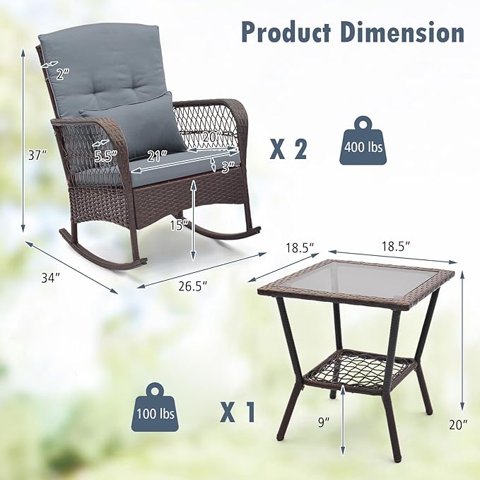 HAPPYGRILL 3 Pieces PE Rattan Rocking Bistro Set, Rocking Chairs with 2-Tier Coffee Table, Thick Pillows and Cushions, Outdoor Conversation Set for Porch, Garden and Poolside, (Gray)