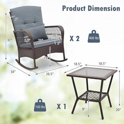 HAPPYGRILL 3 Pieces PE Rattan Rocking Bistro Set, Rocking Chairs with 2-Tier Coffee Table, Thick Pillows and Cushions, Outdoor Conversation Set for Porch, Garden and Poolside, (Gray)