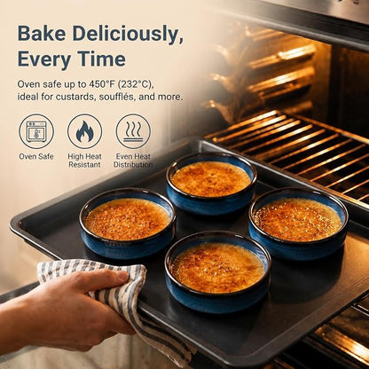 ONEMORE Creme Brulee Ramekins 4 oz Ceramic Ramekin Set of 14, Oven Safe Baking Ramekins, Small Sauce Dishes, Stackable Blue Custard Cups, Dishwasher Microwave Safe