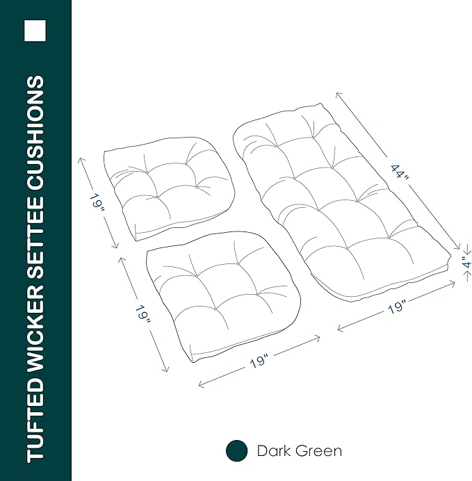 Outdoor/Indoor All Weather Tufted Wicker Chair Cushions of 3 Pieces, 1 Loveseat and 2 U-Shape Waterproof Cushions for Patio Furniture,Wicker Loveseat,Bench-Dark Green