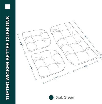 Outdoor/Indoor All Weather Tufted Wicker Chair Cushions of 3 Pieces, 1 Loveseat and 2 U-Shape Waterproof Cushions for Patio Furniture,Wicker Loveseat,Bench-Dark Green
