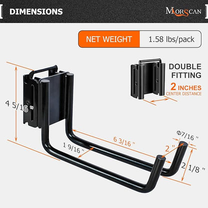 4-Pack E-Track Double Fitting J-Hooks, 2" Wide & 6" Deep Stable E Track Double J Hooks with Dual Fittings, Heavy Duty Shovel Hanger for Trailers, Trucks, Garden Tools Organizers Storage