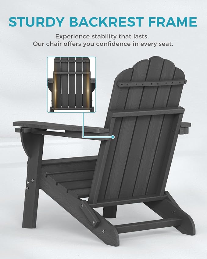 Adirondack Chairs Set of 4, Foldable Adirondack Chairs with 2 Cup Holder, Wood Texture HDPE Fire Pit Chairs, Outdoor Lawn Chair for Patio Garden, Dark Grey