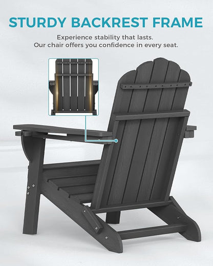 Folding Adirondack Chairs Set of 2,All-Weather HDPE Fire Pit Chair with 2 Cup Holders, Plastic Outdoor Chair for Patio Deck Garden Lawn, Dark Grey