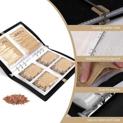 Seed Storage Organizer, Seed Packet Organizer Binder with 80Pcs Garden Seeds Storage Envelopes and 40 Clear Pocket Sheet Protectors for Protecting Vegetable Seeds (Black, 9.1 x 6.5inch)