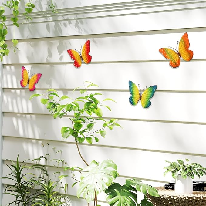 dreamskip Metal Butterfly Wall Decor Art, 4 Pack Colorful Metal Butterflies Outdoor Wall Art, Hand Painted Outdoor Wall Decor For Garden, Yard, Fence, Patio, Living Room, Bedroom Decoration