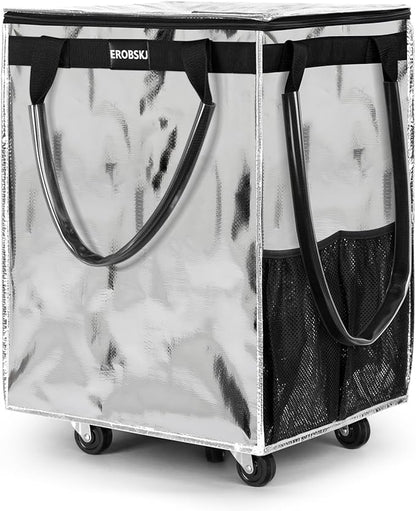 (Large,Silver)Reusable Grocery Bag on Wheels, Foldable Rolling Tote, Carries Up to 76 lbs Shopping Trolley, Zipper Clouser Shopping Carts for Trips, Laundry, 5 Heavy Duty Wheels and 3 Handles