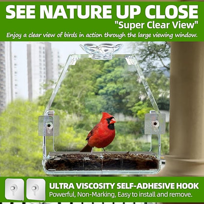WENMIXER Window Bird Feeder with Non-Marking Self-Adhesive Hooks, Clear and Transparent, Outdoor Wild Bird Watching Gift, Garden Decor (with Large Window)