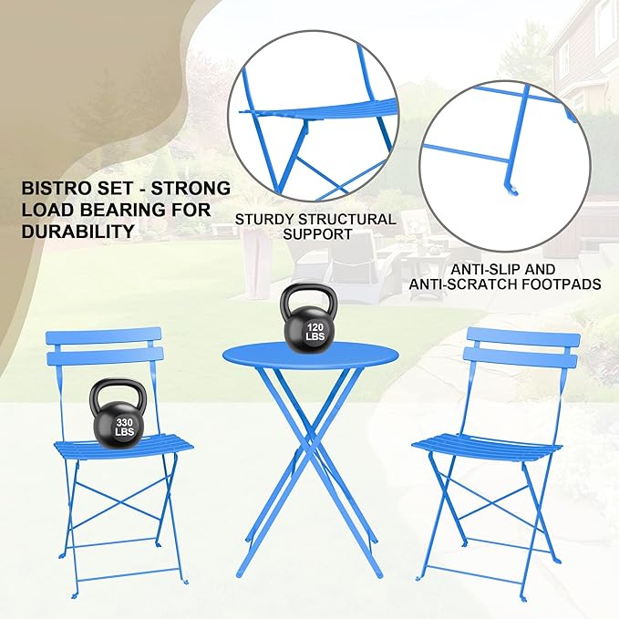 3-Piece Folding Bistro Set, Outdoor Patio Furniture Set with 2 Chairs & 1 Table, Space-Saving Foldable Balcony Garden Set with Heavy-Duty Powder-Coated Steel Frame, No Assembly Required, Blue