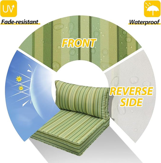 AAAAAcessories Outdoor Seat Cushions for Chairs, Fade-Resistant, Waterproof Patio Furniture Replacement Cushions, 23" x 23" x 5" + 23" x 13.5", Mossy Forest Stripe