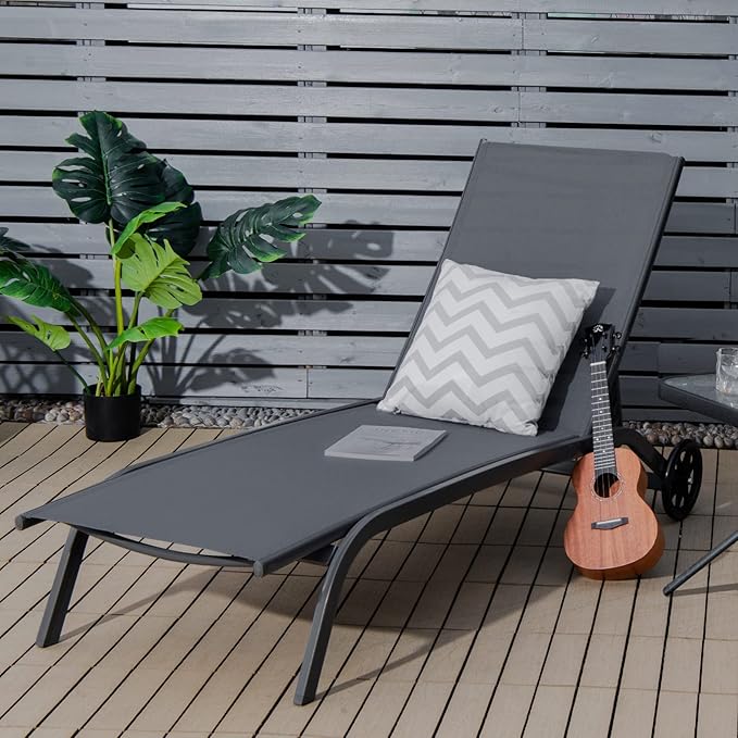 COSTWAY Outdoor Chaise Lounge with Wheels, 6-Position Adjustable Tanning Chair with Stable Aluminum Frame, Portable Sun Bathing Lounge Chair for Backyard, Garden, Poolside (Grey)