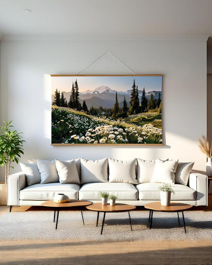 VIYYIEA Extra Large Size Canvas Wall Art, 36x54 Inch Mountain Landscape Scroll Painting with Wildflowers and Pines, Oversized Nature Wall Hanging for Living Room, Bedroom, or Office Decor