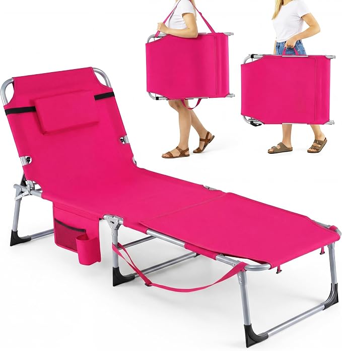 Giantex Tanning Chair, 330Lbs Patio Lounge Chair with 5 Adjustable Position, Face & Arm Hole, Hand/Shoulder Strap, Removable Pillow, Side Pocket, Chaise Lounger for Beach Sunbathing Outdoor, Pink