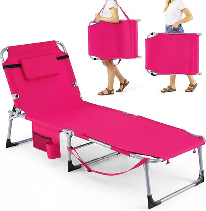 Giantex Tanning Chair, 330Lbs Patio Lounge Chair with 5 Adjustable Position, Face & Arm Hole, Hand/Shoulder Strap, Removable Pillow, Side Pocket, Chaise Lounger for Beach Sunbathing Outdoor, Pink