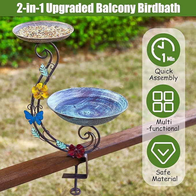 Bird Bath for Deck Railing, 2 in 1 Deck Mounted Balcony Bird Feeder and Bath for Outside with Heavy Duty Clamp, Outdoor Metal Birdbaths for Garden Yard Decor
