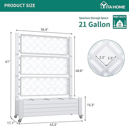 YITAHOME 43.3x17.7x61 in Planter Boxes Outdoor with Trellis, Resin Raised Garden Bed with Wheels & Drain Plug for Climbing Plants, Weather-Resistant Design Elevated Garden Bed with Trellis, White