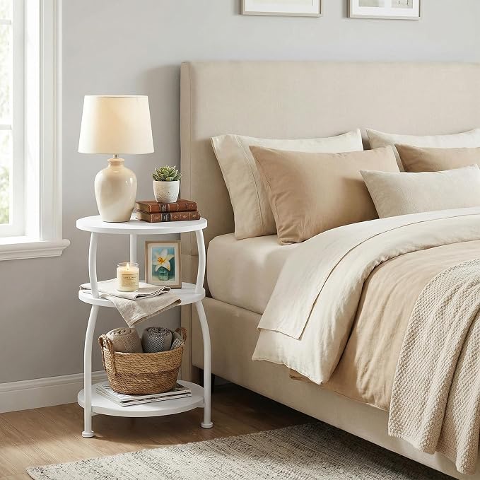 Round Side Table, 3-Tier End Table with Storage Shelf, 15.7" Wide Nightstand for Small Spaces, Tall Sofa Table Capable of Holding Laptops & Lamps, Bedside Table for Bedroom & Living Room, White