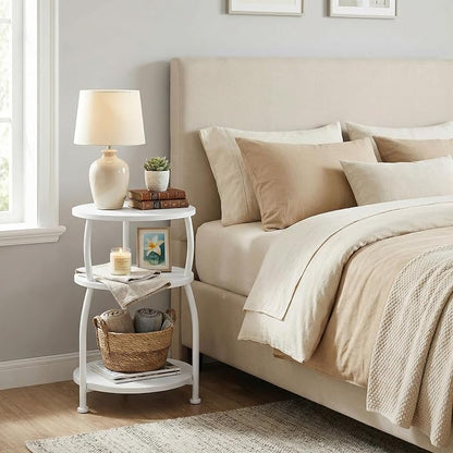 Round Side Table, 3-Tier End Table with Storage Shelf, 15.7" Wide Nightstand for Small Spaces, Tall Sofa Table Capable of Holding Laptops & Lamps, Bedside Table for Bedroom & Living Room, White