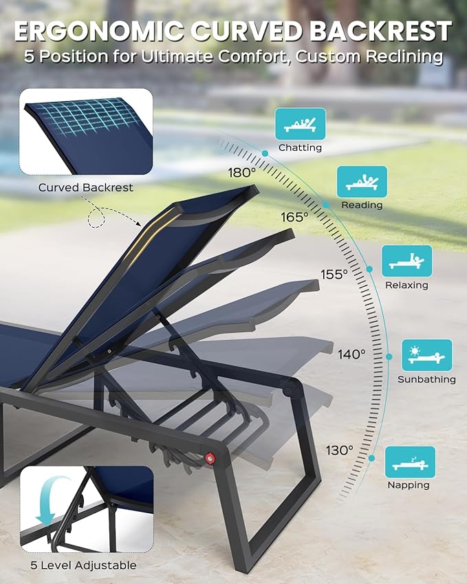 Aluminum Outdoor Chaise Lounge Chair Outdoor, Foldable & No Assembly Patio Pool Lounge Chairs 5-Position Recliner for Outside, Fully Grounded Legs Sun Lounger for Poolside, 4 Packs, Navy Blue