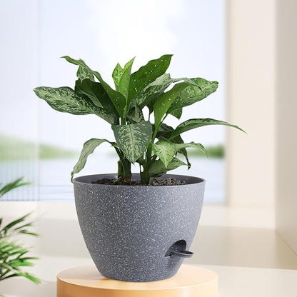 12 inch Large Self Watering Pots, Plant Pots with Mesh Drainage Holes for Indoor Outdoor Plants, Plastic Planters with Deep Reservoir for Garden House Flower Plants, Speckled Grey