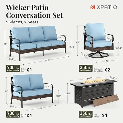 Patio Furniture Set with Firepit Table, Black Frame Outdoor Conversation Set with 2 x Swivel Chairs, 1 x 2-Seat Sofa, 1 x 3-Seat Sofa for Lawn Garden Backyard, Blue