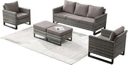 Rilyson Wicker Outdoor Patio Furniture Set - 5 Piece Patio Conversation Set with 2 Wicker Armrest Chairs,2 Rattan Ottoman and 1 Couch for Outside Porch Deck Backyard Garden(Mixed Grey/Grey)