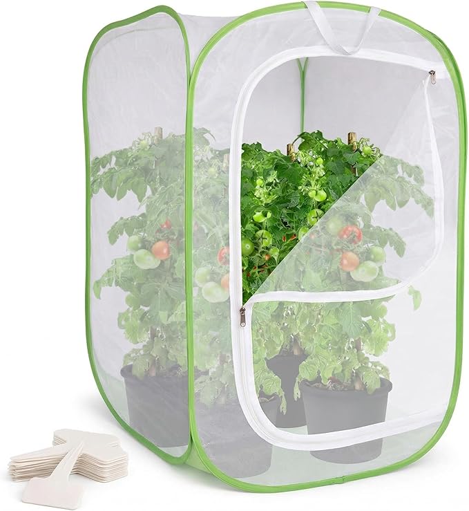 Mesh Plant Protection Cage - Pop Up Garden Net Enclosure with Zipper Door - Breathable Plant Cover Tent for Vegetables, Flowers, Herbs and Potted Plants - 24 x 24 x 36 Inch