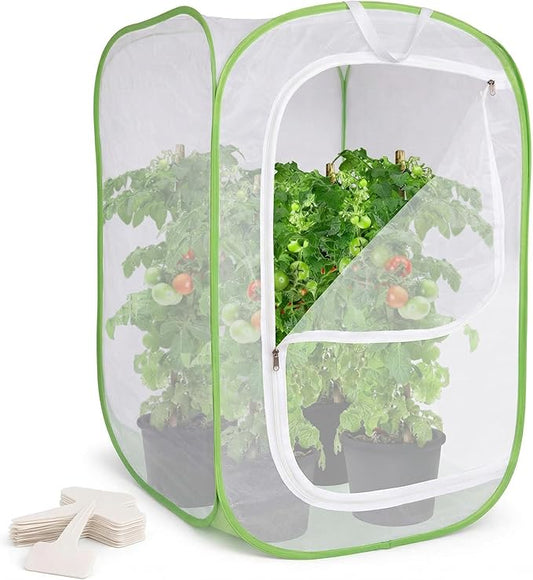 Mesh Plant Protection Cage - Pop Up Garden Net Enclosure with Zipper Door - Breathable Plant Cover Tent for Vegetables, Flowers, Herbs and Potted Plants - 24 x 24 x 36 Inch