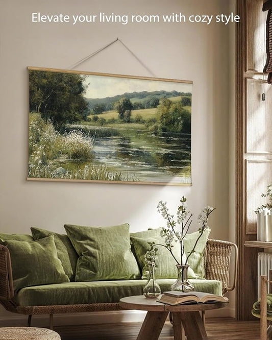 ARPEOTCY Extra Large Vintage Framed Wall Art, 36x54 Inch River Landscape Hanging Framed Canvas Prints Scroll Wall Art Decor for Living Room Bedroom, Retro Scenery Pictures Above of Bed