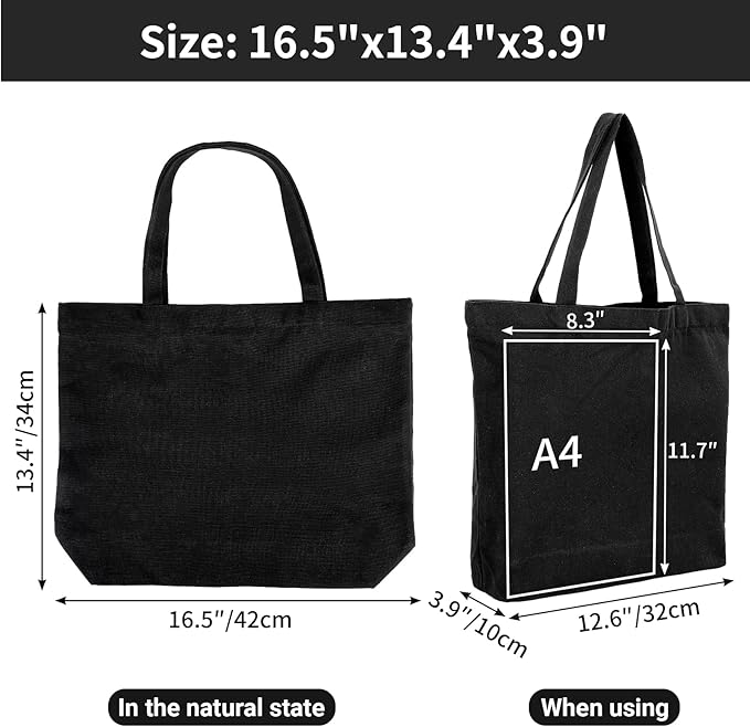 Segarty Black Canvas Tote, 12 Packs 16x15 inch Canvas Bags with Zipper, 12Oz Heavy Duty Reusable Plain Grocery Shopping Totes for Women Crafts Painting Embroidery, Gift Bags Bulk