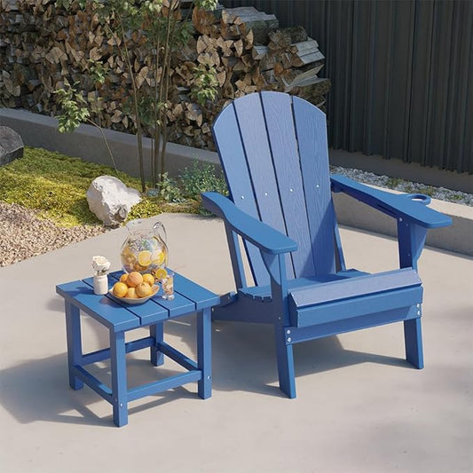 Folding Adirondack Chair with Cup Holders Set of 2, HDPE Plastic Outdoor Chairs, Weather Resistant, Real Wood Look for Patio, Deck, Fire Pit, Backyard, Blue
