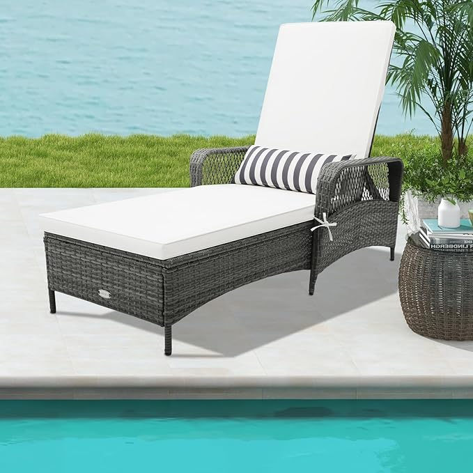 COSTWAY PE Rattan Chaise Lounge Chair, 6 Gear Adjustable Recliner with Armrest & Pillow, Wicker Outdoor Furniture for Deck, Patio (1, Gray)