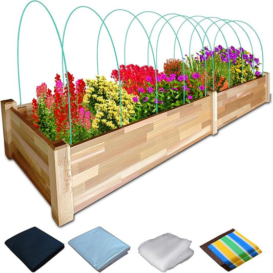 Western Red Cedar Raised Garden Bed (8ft L x 2ft W x 9in H), Wood Planter Box with Multiple Acessories for Growing Herbs, Vegetables, Flowers