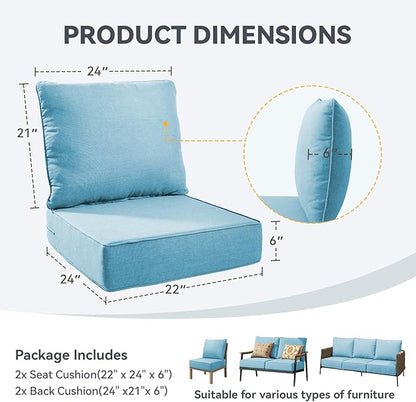 Outdoor Cushion Set for Furniture Patio Furniture, UV Resistant, Water Resistant - 6 Inch Thick Foam Garden Cushions– 22x24 Inch Patio Seat Covers for Chair/Sofa/Couch | Light Blue | 2-Pack |