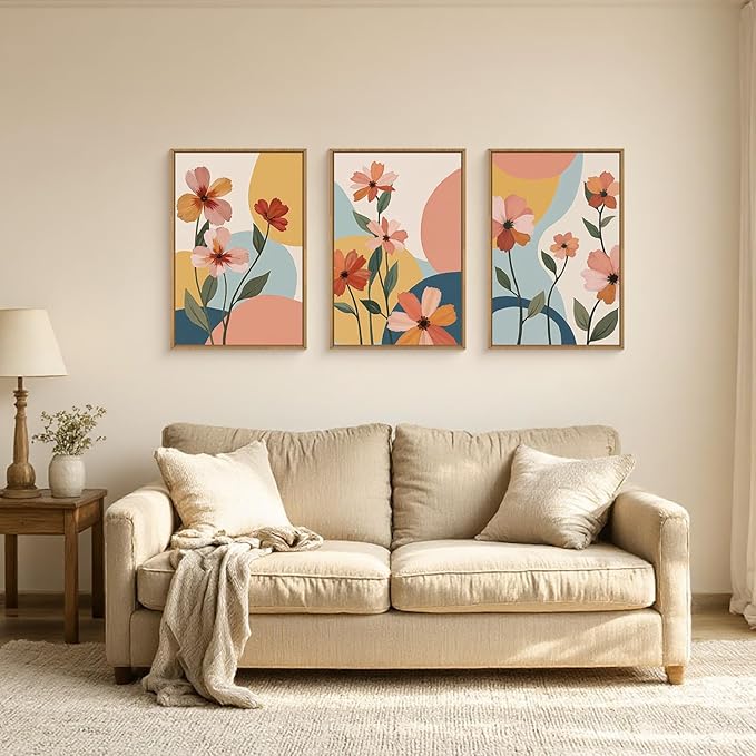 FWIEXA Colorful Flower Canvas Wall Art,Boho Flower Framed Wall Art Pink,Minimalist Wildflower Wall Decor,Abstract Floral Art Prints,Modern Orange Floral Artwork Daisy for Living Room Bedroom 24x36''x3