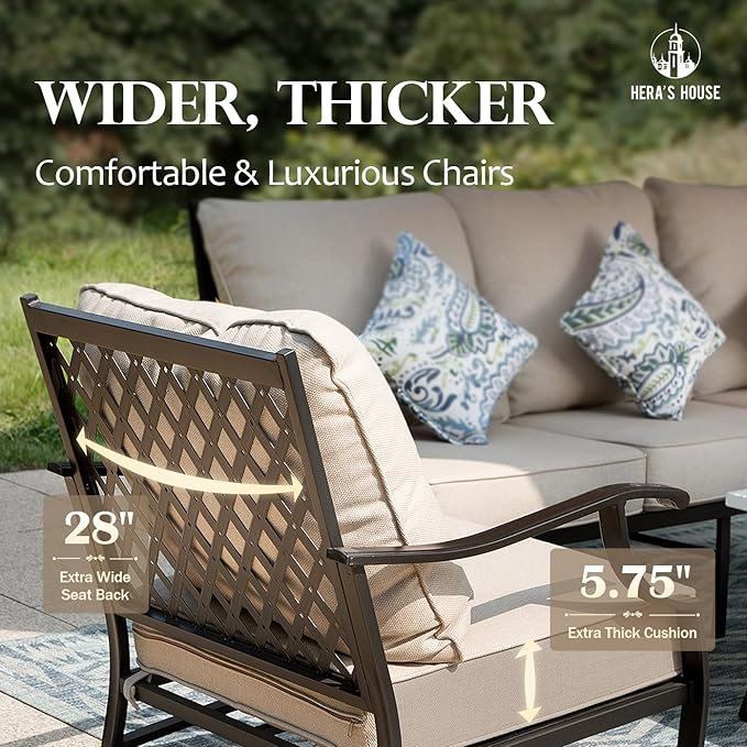 HERA'S HOUSE 5 Piece Patio Furniture Set, 2 x Cushioned Metal Chair, 2 x Ottoman, 1 x 3-Seat Sofa, All Cushioned 7 Seats Outdoor Conversation Set for Lawn Garden Backyard