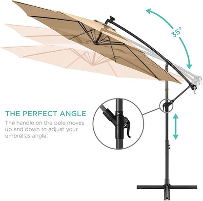 Best Choice Products 10ft Solar LED Offset Hanging Market Patio Umbrella for Backyard, Poolside, Lawn and Garden w/Easy Tilt Adjustment, Polyester Shade, 8 Ribs - Sand